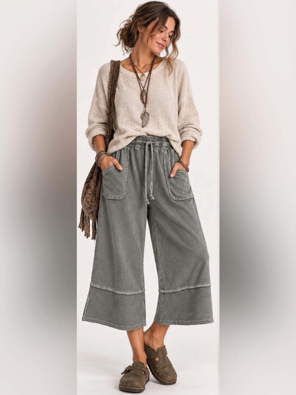Easel Olive Grayish Wide Leg Cropped Lagenlook Boho Relaxed Slouchy Pants Large - Picture 6 of 6